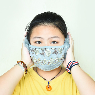 生活口罩-冬季新款二合一女护耳口罩刺绣蕾丝花边网超柔毛绒保暖防寒