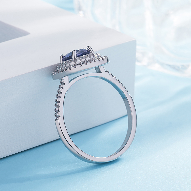 wish跨境热卖新款双层虎爪方形锆石戒指 欧美镶嵌托帕石彩钻指环