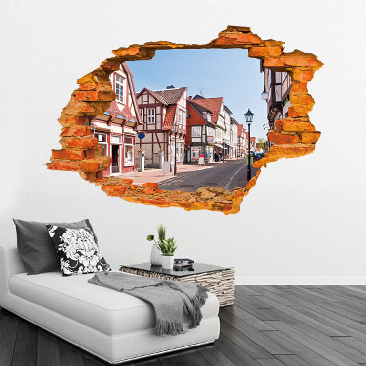 创意3d破墙系列立体风景可移除墙贴画 卧室客厅环保出口贴纸代发