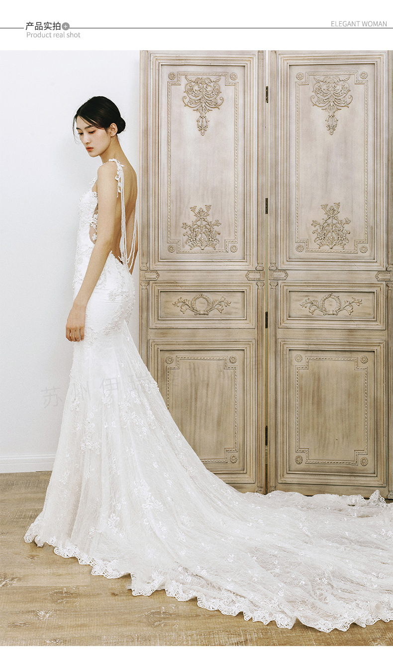 春季新款外贸蕾丝鱼尾拖尾婚纱 欧美简约大露背鱼尾婚纱工厂定制