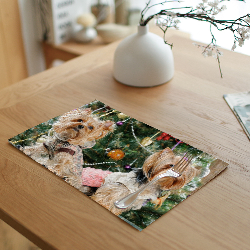 European and American Placemat Christmas Table Mat Happy New Year Cotton Fabric Placemat Kitchen Dining Table Cushion Dog Animal Placemat