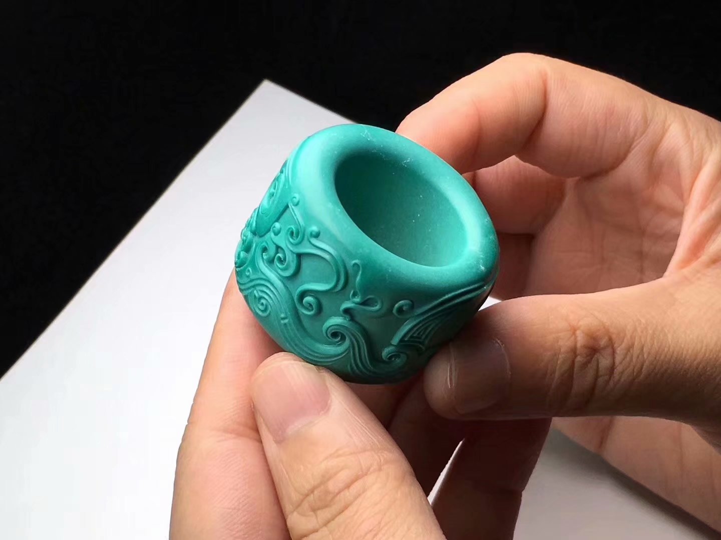 收藏精品绿松石雕刻扳指 天然原矿高瓷绿松产地支持鉴定