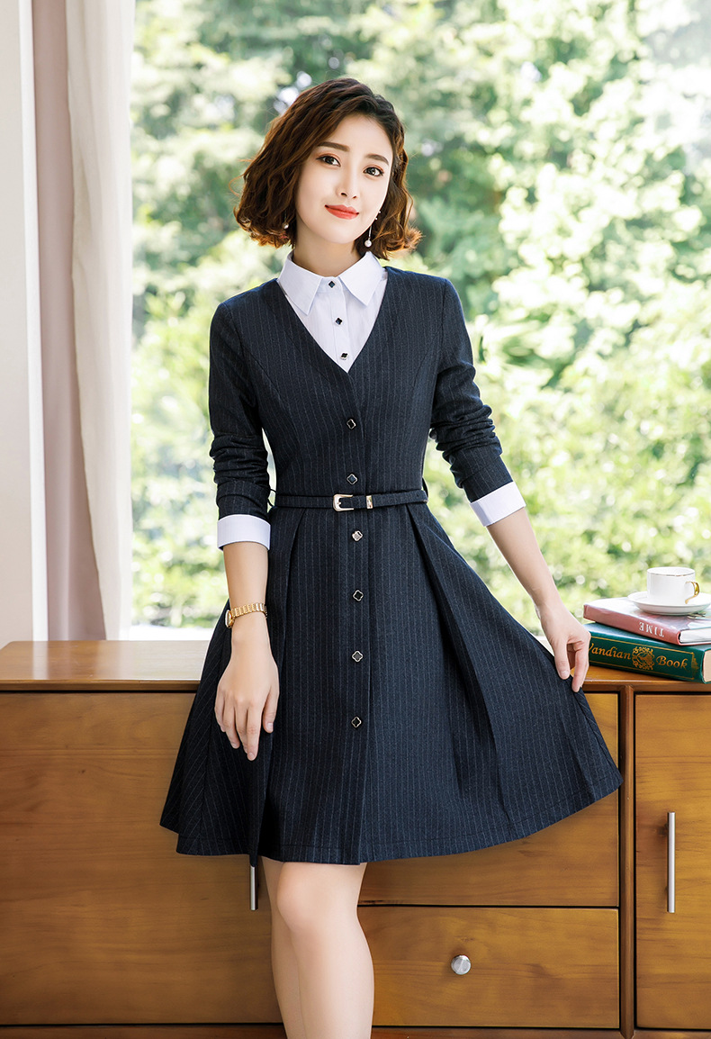 幼师职场女装连衣裙2018新款教师秋季时尚ol条纹正式职业套装裙