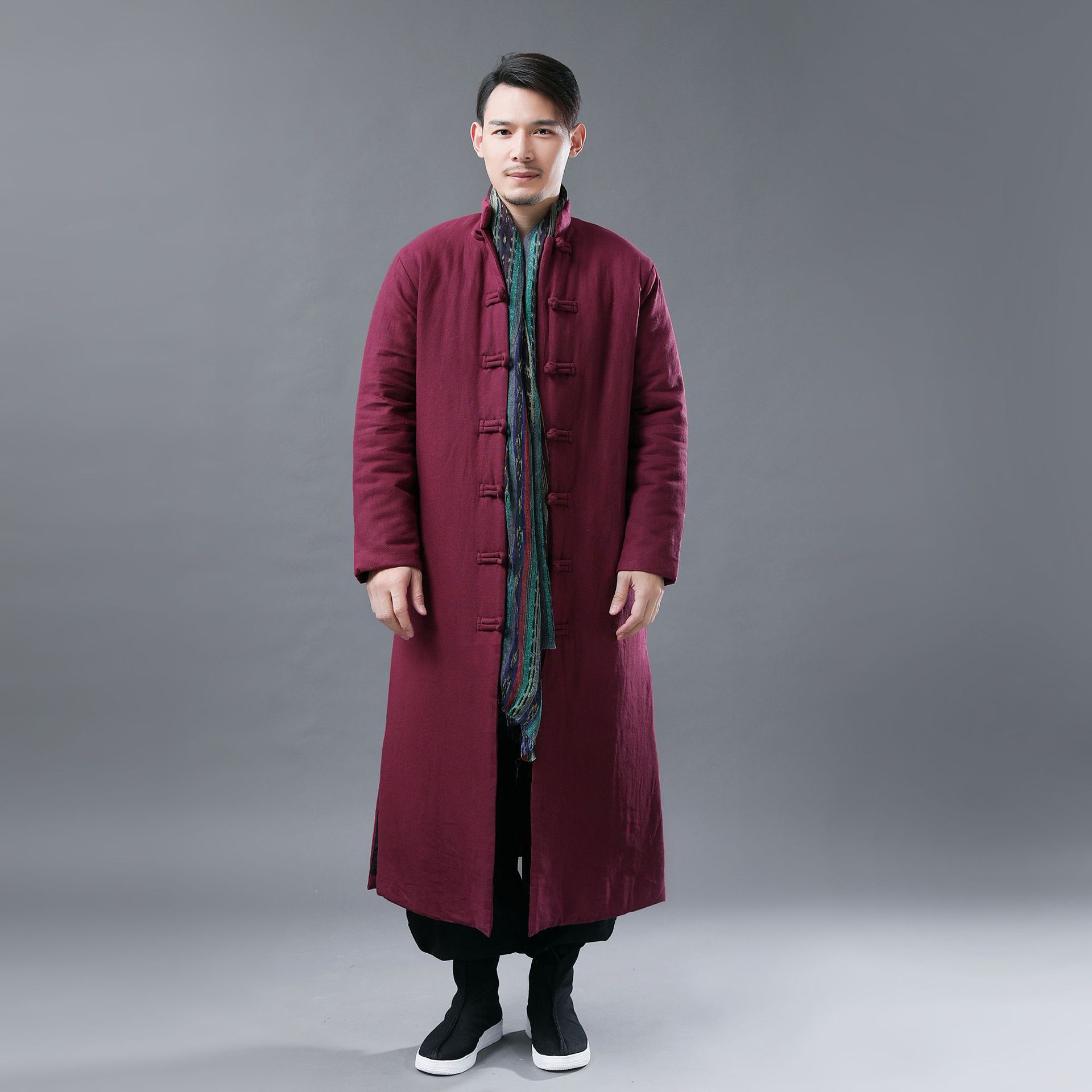 新款冬季棉袄加长款中国复古民族风男式棉服纯色休闲立领棉袄