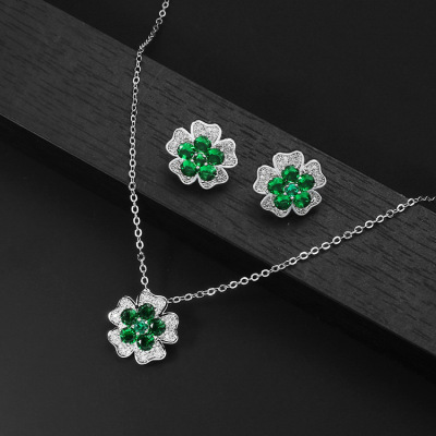 外贸简约花朵祖母绿小吊坠首饰套装 微镶锆石花瓣耳钉 环保饰品