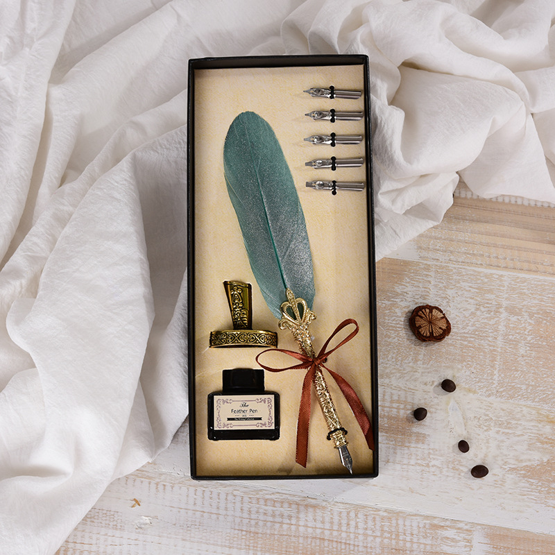 Vintage Feather Pen Kit Birthday New Year Gift Valentine's Day Bevel Penholder Ink Carved Set Feather Pen