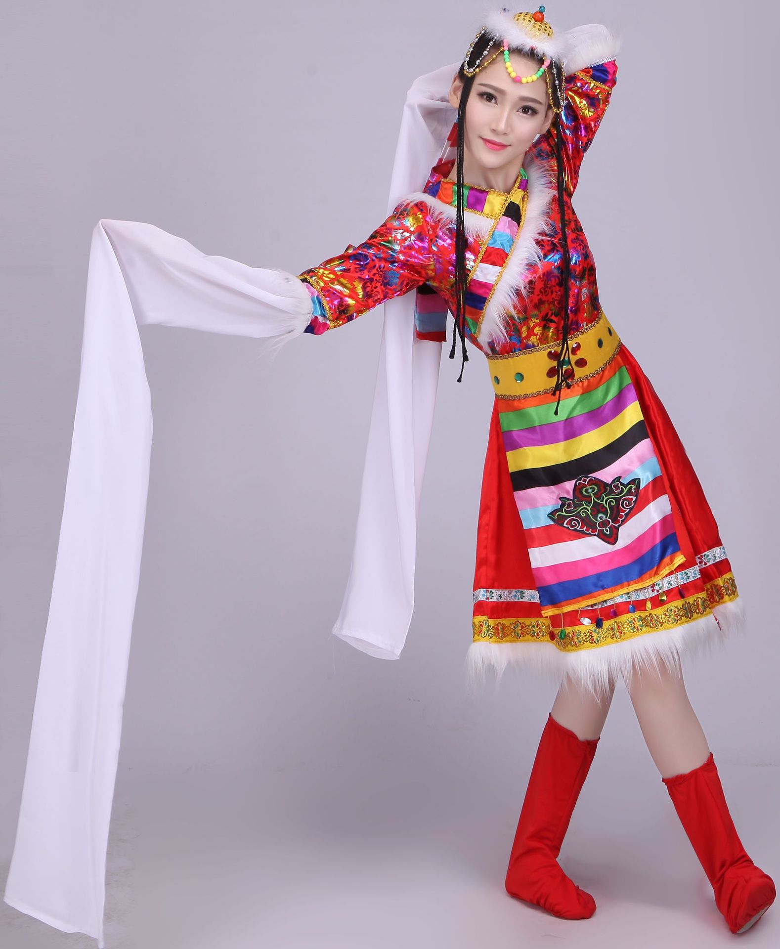 2017新款藏族舞蹈演出服女装成人少数民族服装西藏长裙水袖表演服