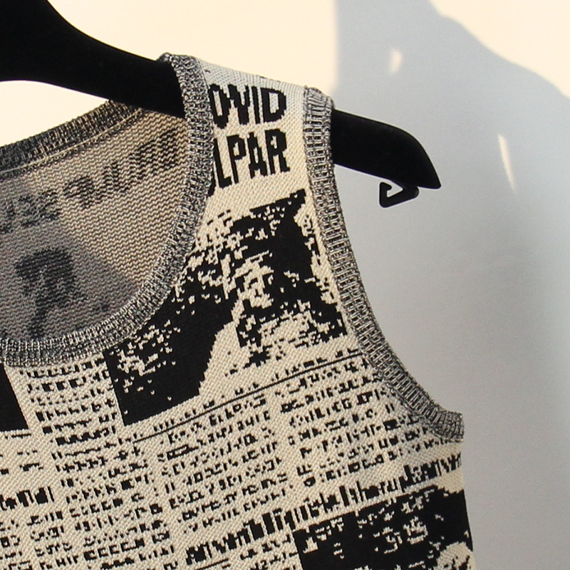 报纸印花港味复古chic针织吊带背心女夏外穿2018新款无袖t恤上衣