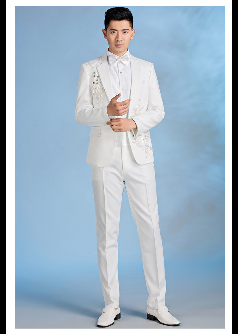 2018新款白色绣花男士西装演出服套装伴郎司仪主持人合唱团礼服