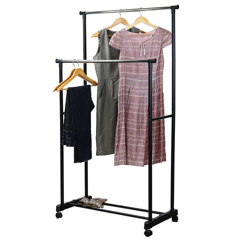 双杆可移动落地晾衣架 外贸阳台衣物晾晒架 折叠可伸缩晾衣杆定制