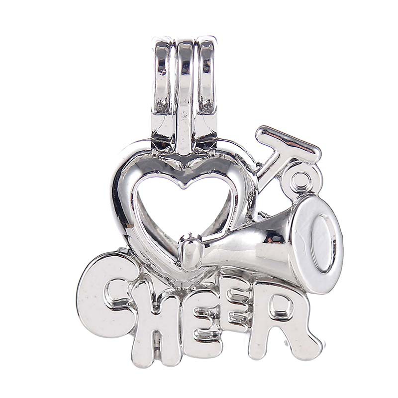 外贸货源 创意欧美新品英文cheer欢呼桃心喇叭香薰精油珍珠笼吊坠