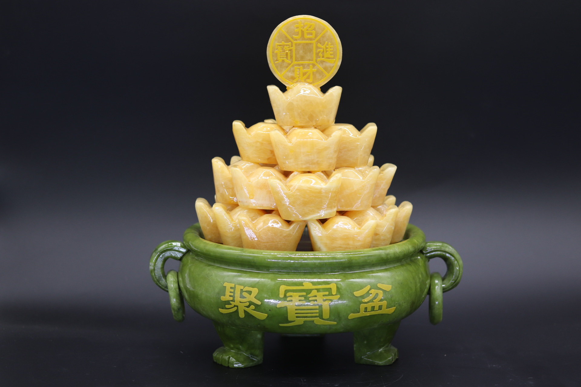 天然玉石聚宝盆鼎摆件南玉米黄玉雕刻组装件招财进宝风水居家