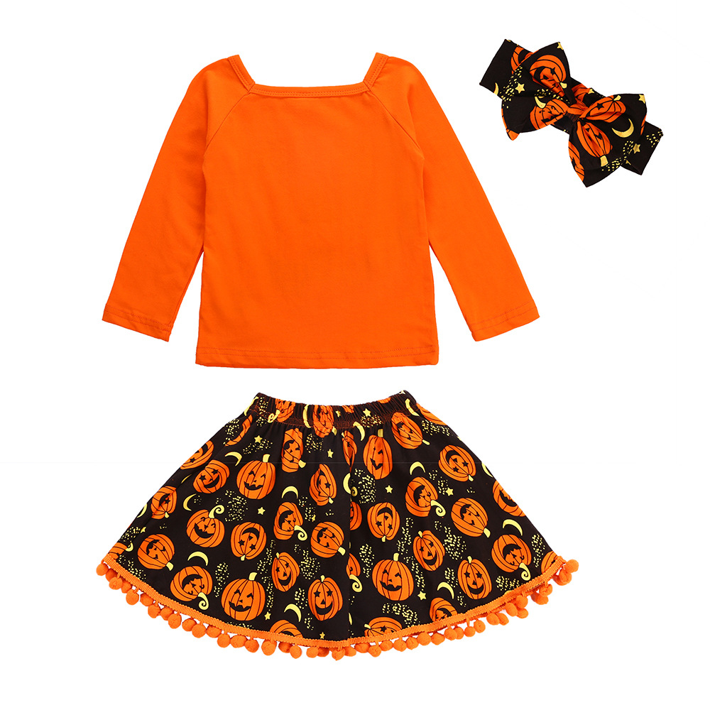 2019秋新款万圣节儿童服装女童针织套装长袖南瓜流苏球球三件套