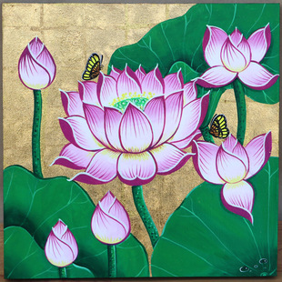 泰国东南亚金箔画荷花莲花装饰画走廊客厅背景墙面无框画手绘壁挂