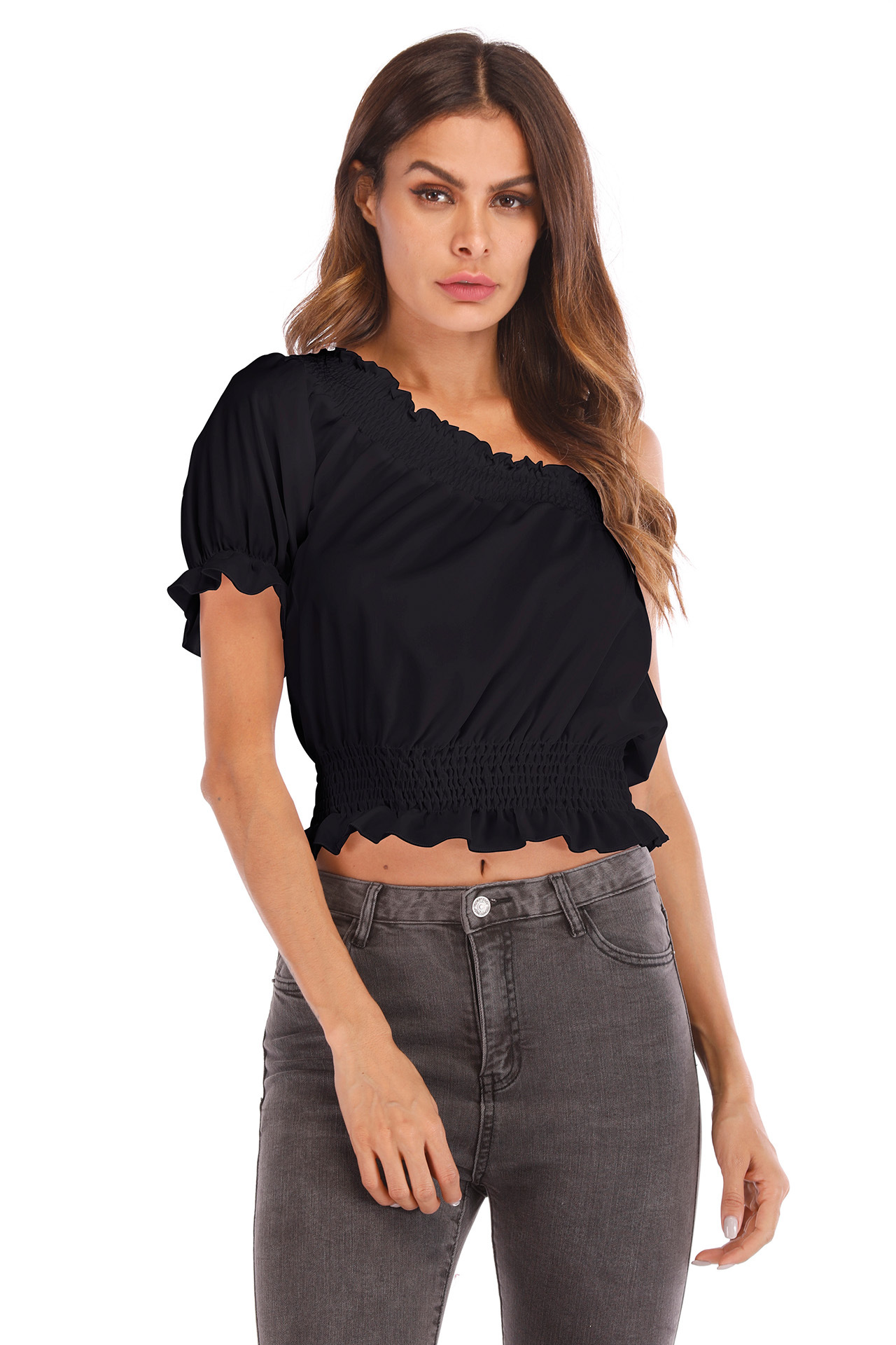 亚马逊ebay热卖纯棉露脐白衬衫2018女装衬衫荷叶边斜肩单袖上衣女