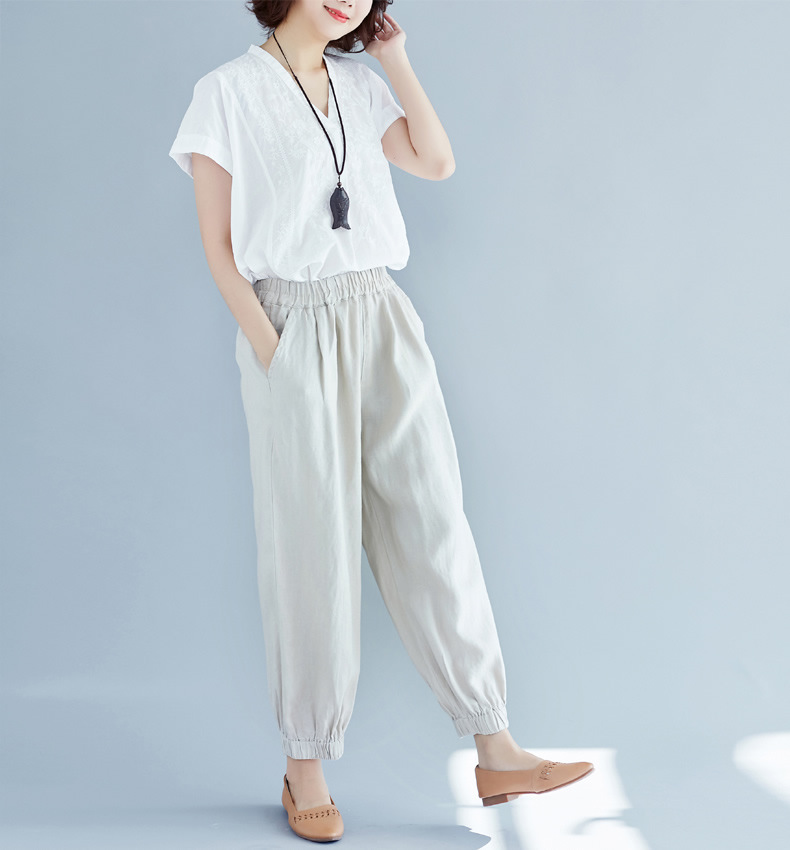 春夏新品松紧腰棉麻女士灯笼休闲裤子纯色宽松亚麻直筒长裤