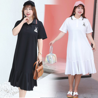 2018夏新款200斤大码女装刺绣兔子t恤裙韩版胖mm连衣裙代发1875