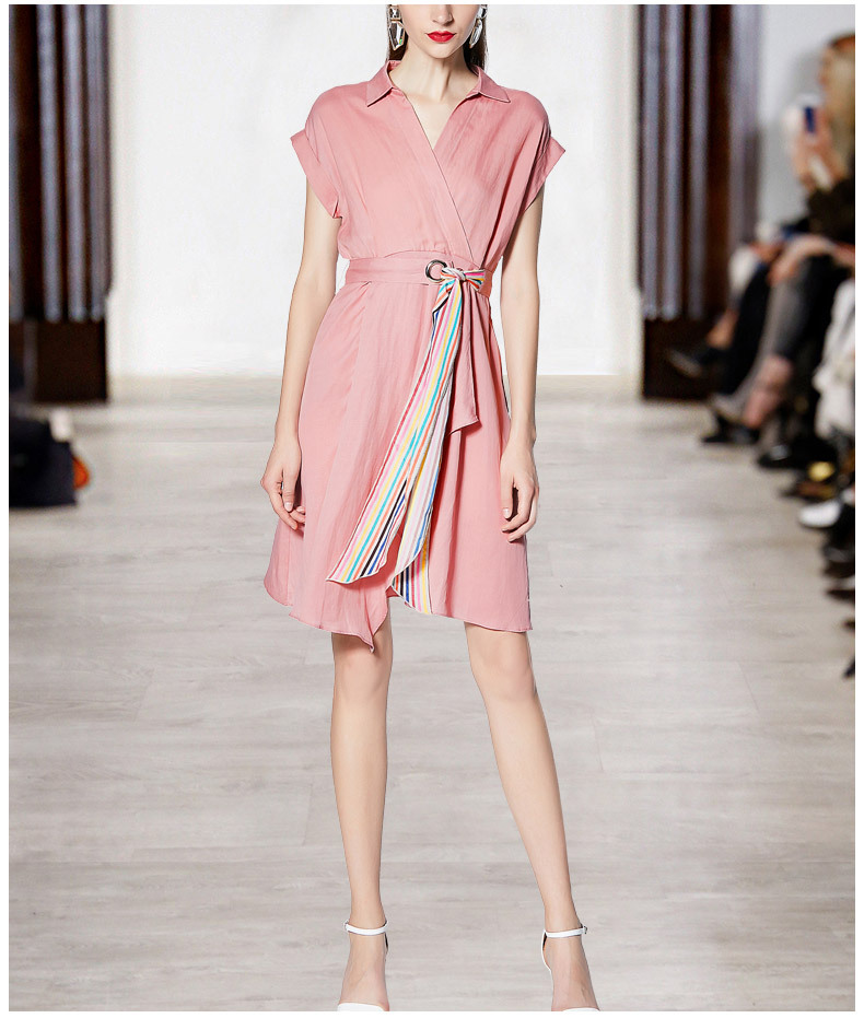 荷叶边v领系带粉色短袖欧美气质名媛a字衬衫连衣裙女夏季2018新款