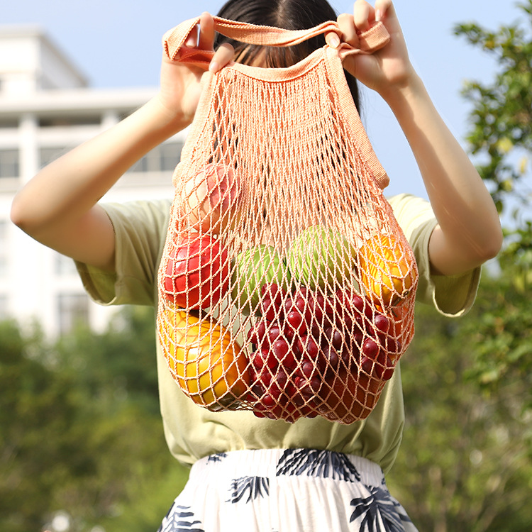 纯棉网袋 大号超市购物袋全棉水果网兜收纳袋 肩带式束口方格棉袋