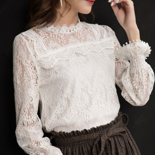 2018秋冬季新款长袖女装蕾丝镂空上衣ins超仙修身白色t恤打底衫女