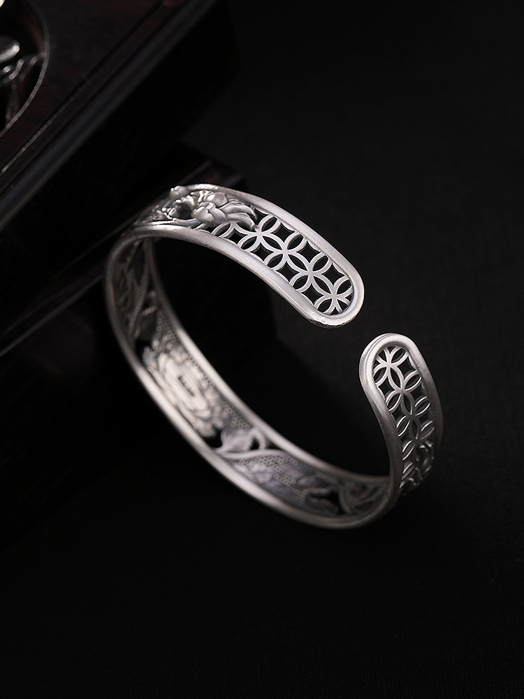 壹鹿银s999足银莲花叶子复古镂空个性仿古哑光女士开口银手镯手环