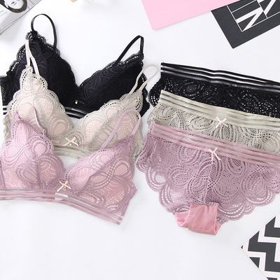厂家直销少女蕾丝文胸套装 薄款深v蕾丝花边蝴蝶结内衣套装批发