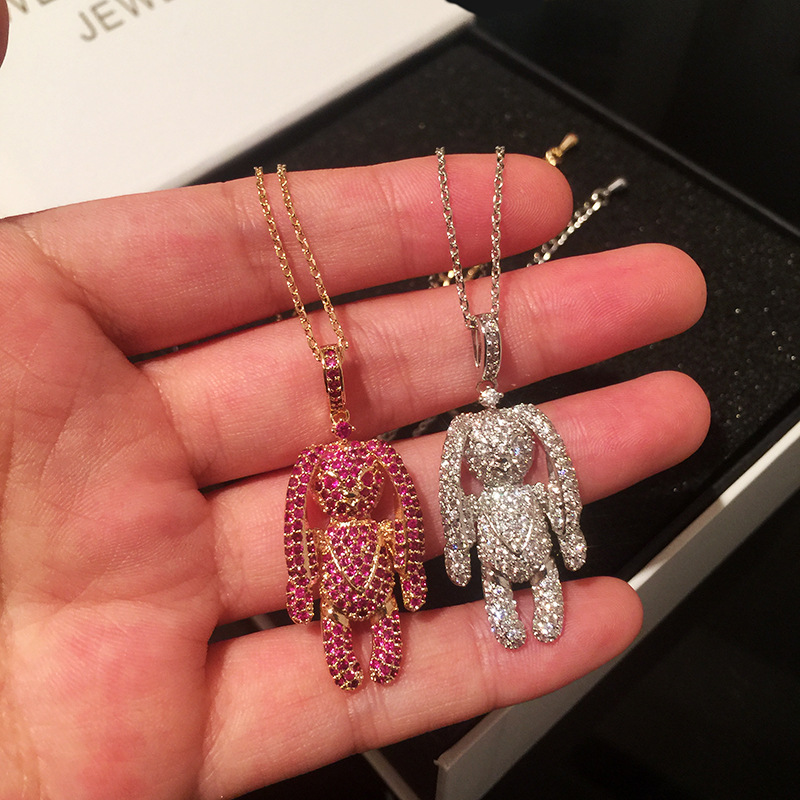 日韩时尚气质镶粉色钻折耳小兔子项链可爱萌趣百搭锁骨链女生礼物