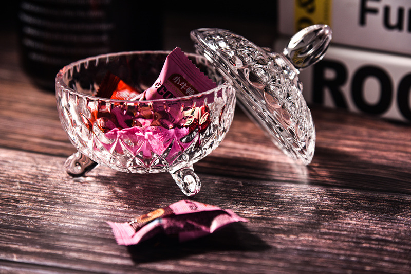 批发欧式波西米亚风格水晶玻璃糖果盒水果盘干果盒糖缸带盖储物罐