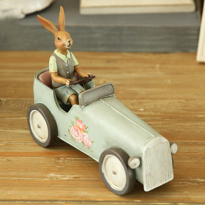 美式乡村家居装饰品儿童房间摆件创意礼品橱窗道具工艺品兔子开车