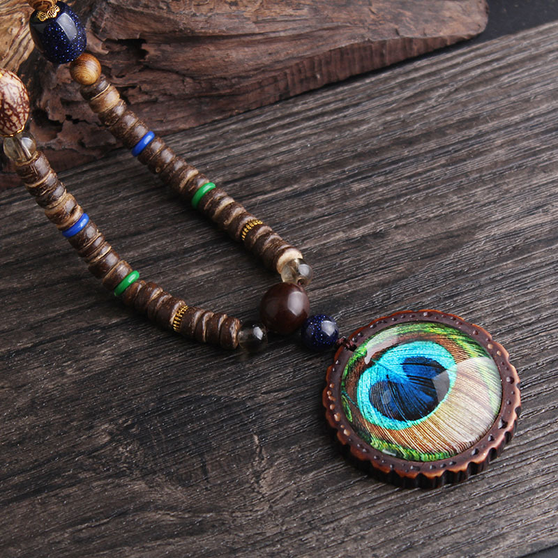 Long Wooden Bead Decorative Necklace Creative Peacock Feather Pendant Ethnic Sweater Chain Bohemian Accessories Pendant