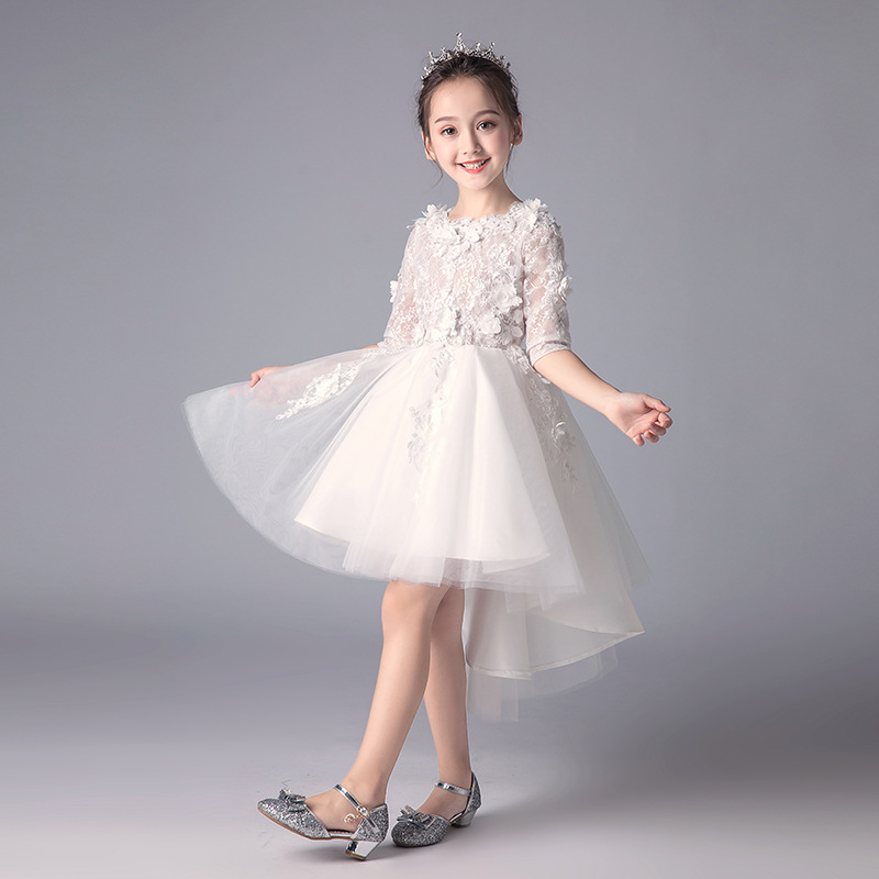女童白色拖尾公主裙花童蓬蓬纱晚礼服婚纱儿童中袖