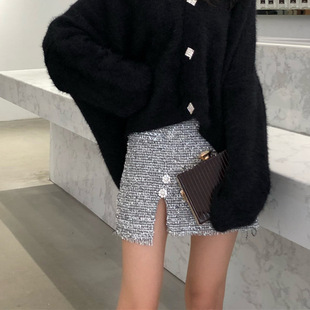 2018秋冬新款小香风银丝高腰半身裙包臀a字裙