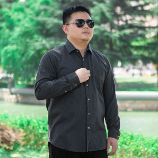 男土长袖衬衫纯棉磨毛胖子大码加肥加大黑灰休闲青年衬衣外套秋冬