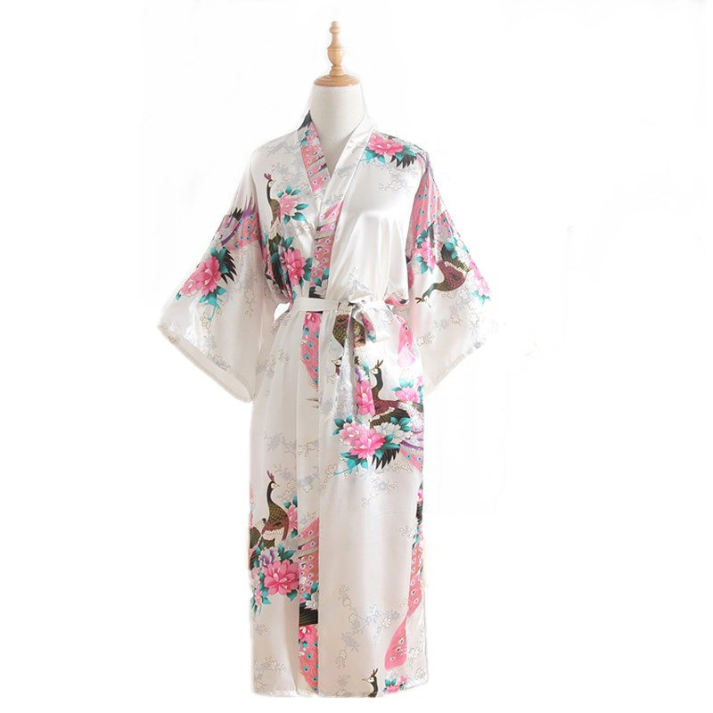 Foreign Trade Cross-Border Peacock Long Free Size Nightgown Artificial Silk Summer Single Japanese Kimono Open Robe