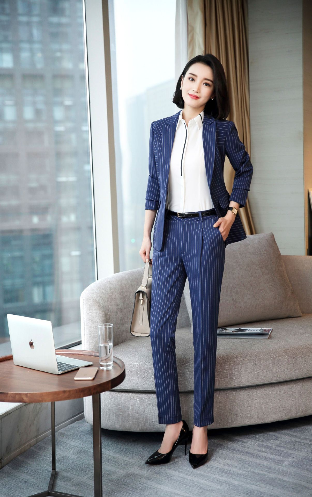 职业女士条纹小西装长裤套装白领商务教师面试正装气质修身工作服