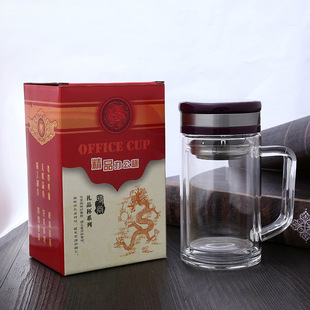 创意带手柄商务办公水杯双层带过滤网玻璃杯礼品定制logo百货批发
