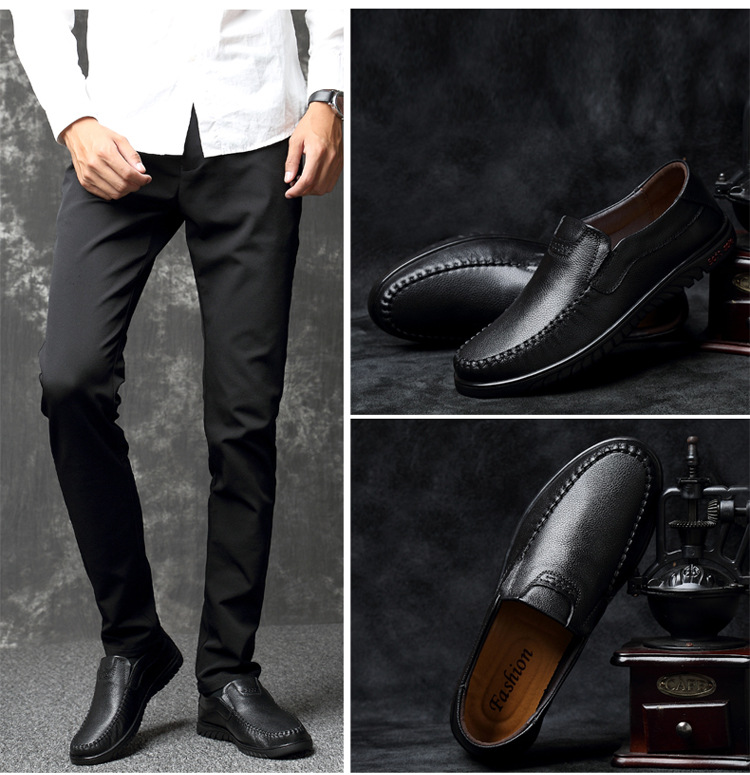 夏季新款男士套脚商务休闲皮鞋男真皮正装懒人男鞋子男爸爸鞋批发