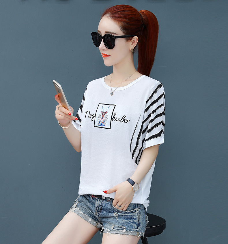 2018夏季新款女装短袖t恤韩版宽松显瘦学院风条纹麋鹿百搭上衣