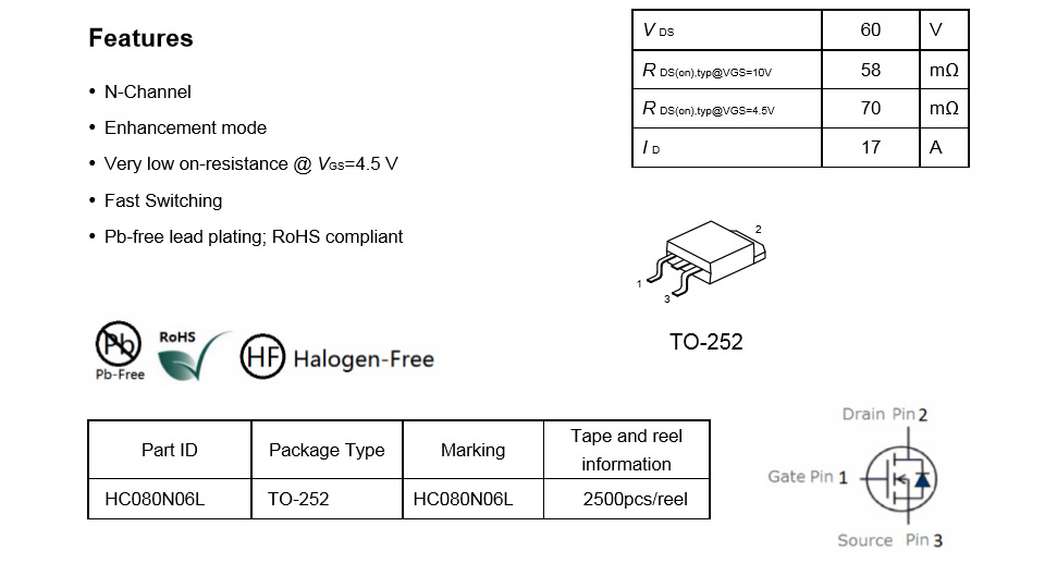 类型:n沟道场效应管,内阻70mr, 低结电容435pf, 封装:贴片(to-252)