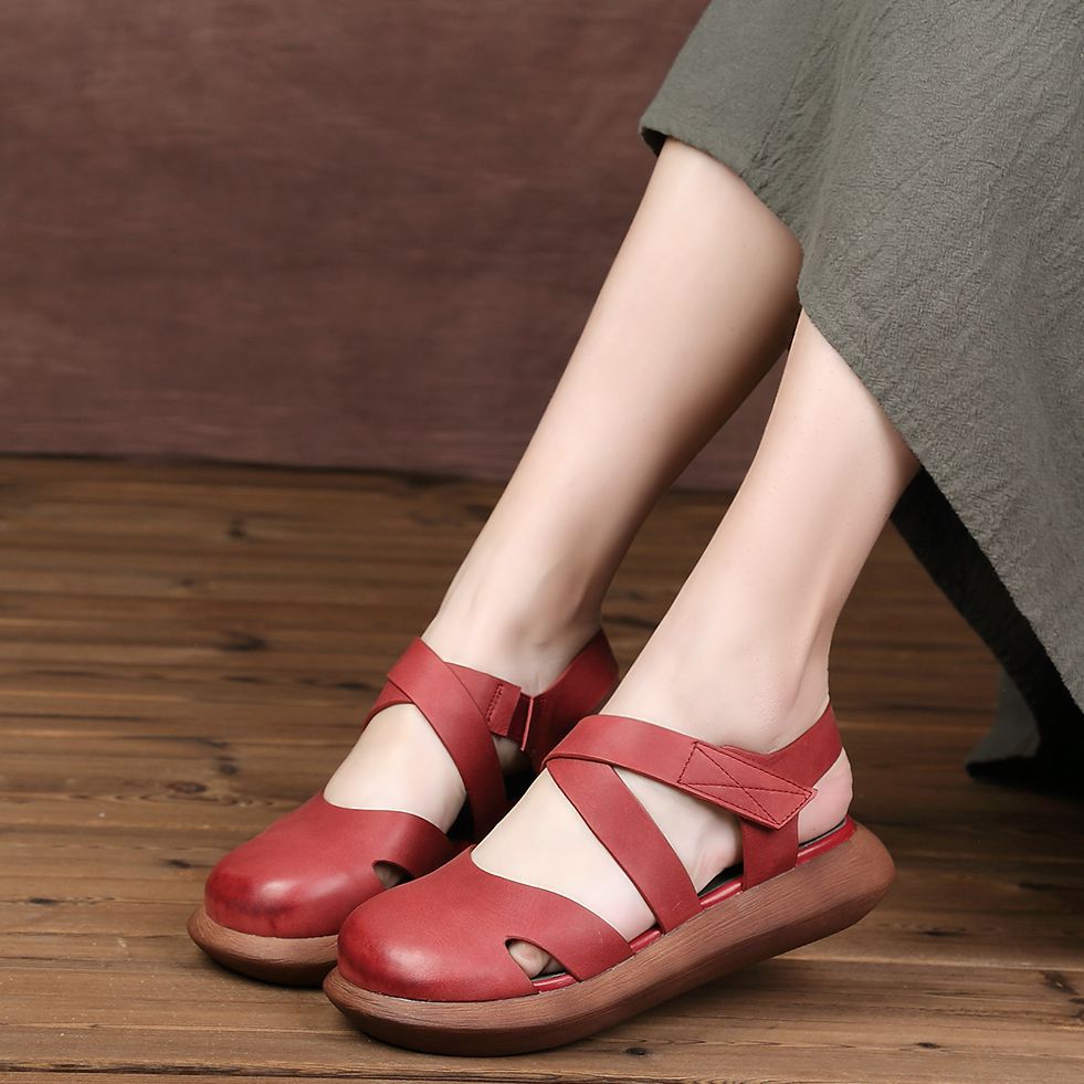 2021新款牛皮厚底凉鞋复古松糕底多带厚平底坡跟包头休闲女凉罗马