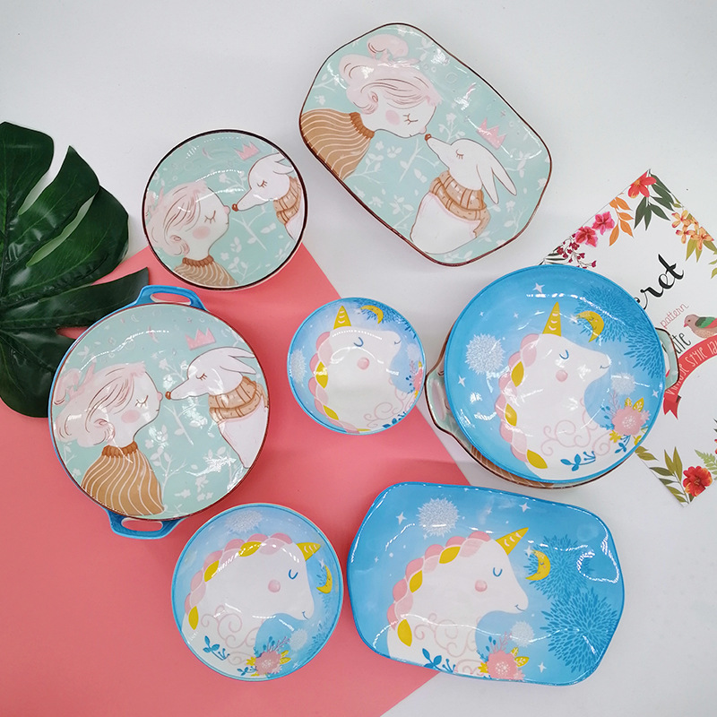 New Product Creative Cartoon Animal Ceramic Cutlery Bowl Sets Dish Binaural Rectangular Plate Piglet Flamingo Dinner Plate