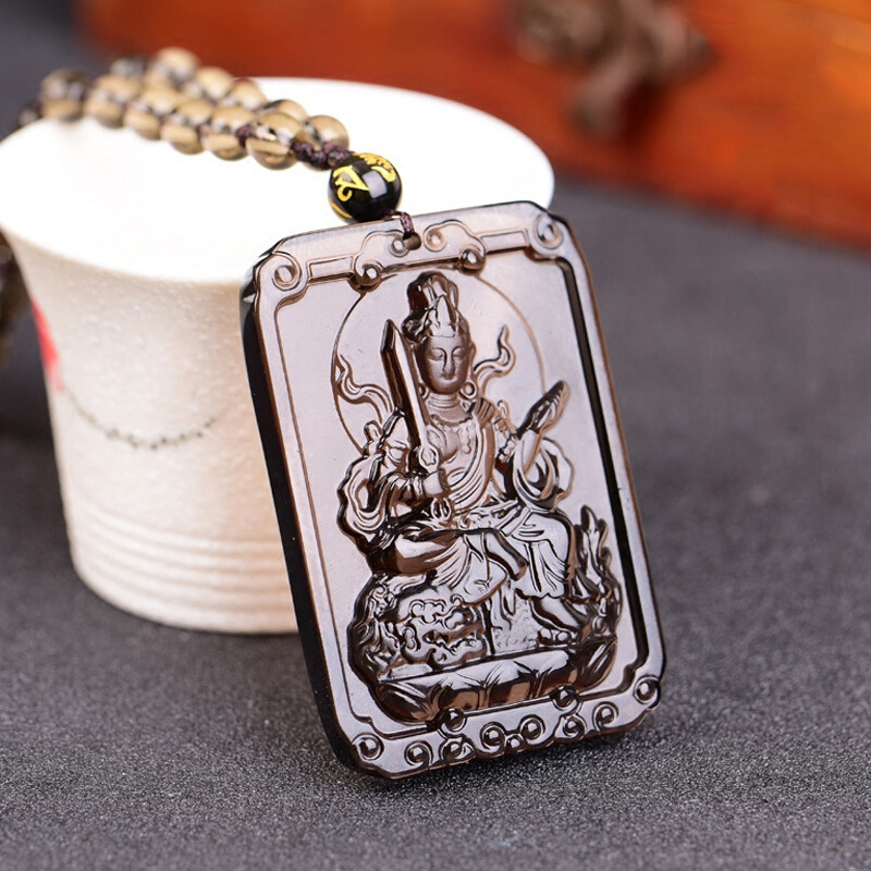 天然冰种黑曜石生肖属兔守护神文殊菩萨吊坠方形藏式男女项链大号