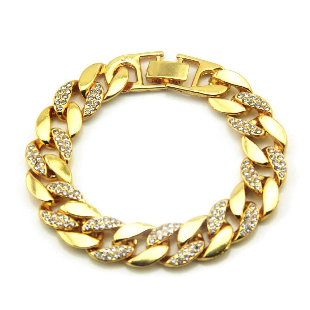 亚马逊跨境欧美hip hop嘻哈风饰品18k金男士满钻手链镶钻古巴链