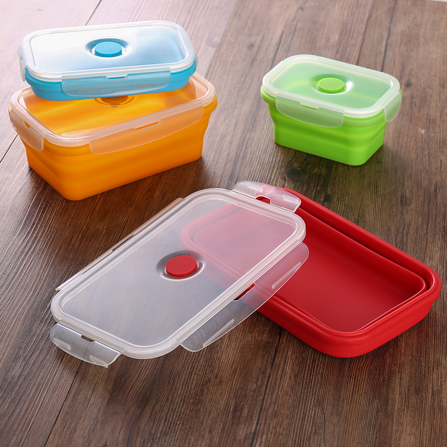 微波炉冰箱硅胶折叠伸缩方形饭盒四件套组 户外便携便当盒午餐盒