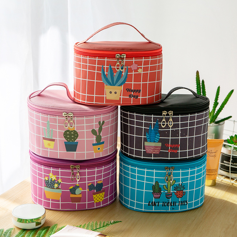 New Korean Style Pvc Cute Cartoon round Barrel Storage Bag Large Capacity Travel Portable Cosmetic Bag Wash Bag