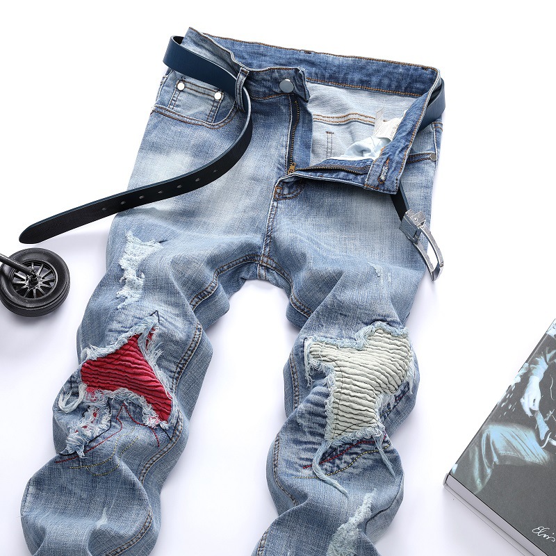 Cross-Border Supply European and American Foreign Trade Jeans ight Color Stretch Motorcycle Pants Ripped Jeans Amazon Trendy Men's Pants
