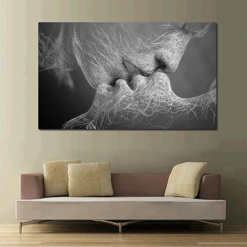 时尚黑白色爱情亲吻抽象艺术在画布绘画墙壁艺术图片版画家庭装饰