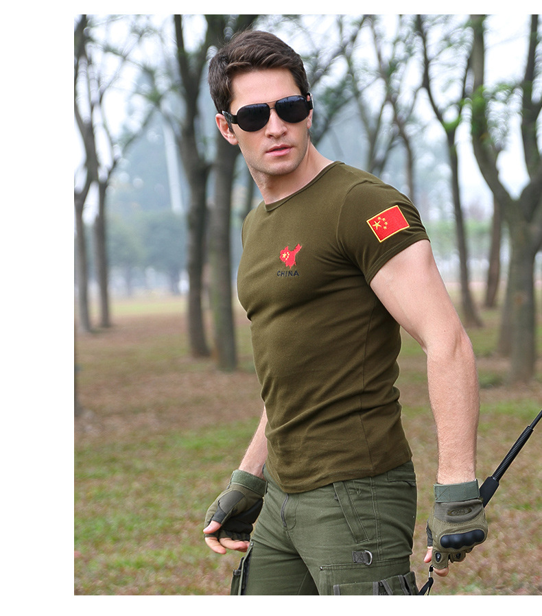 户外军迷服装军装刺绣中国旗男短袖军迷半袖修身衣服特种兵t恤