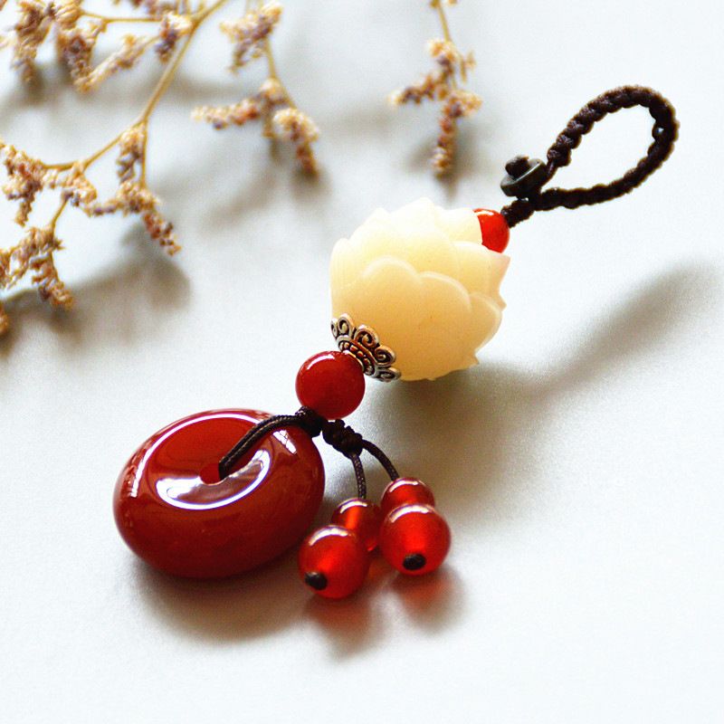 玛瑙玉髓平安扣菩提莲花汽车钥匙扣圈挂件创意礼品男女高档包挂饰