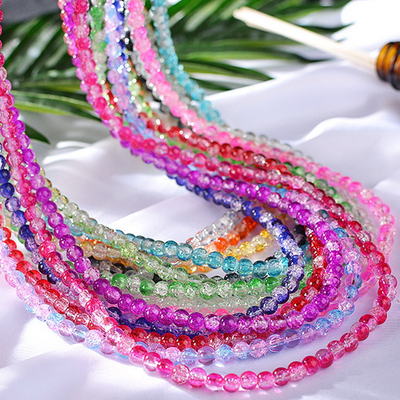 饰品配件6mm爆花玻璃珠子 裂纹七彩珠配件30克一包 约97颗